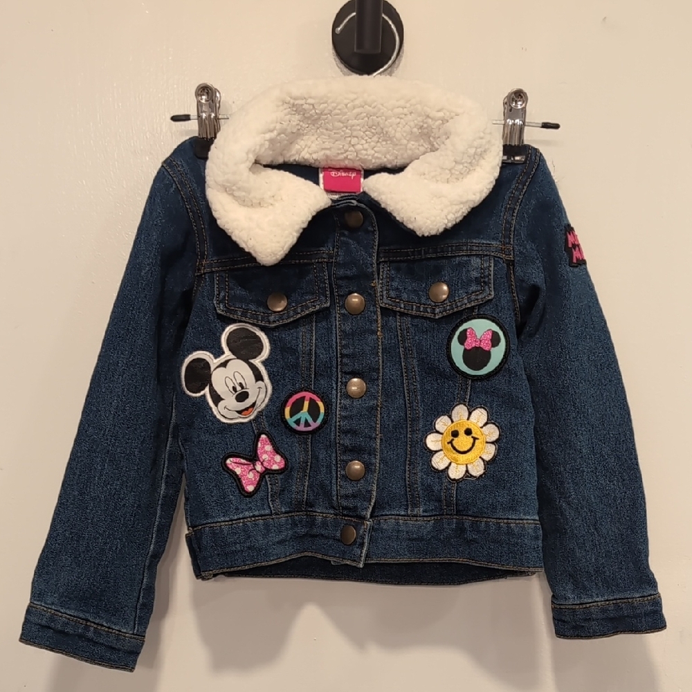 Disney Kids Blue Denim Jacket with White Fleece Collar and Fun Patches